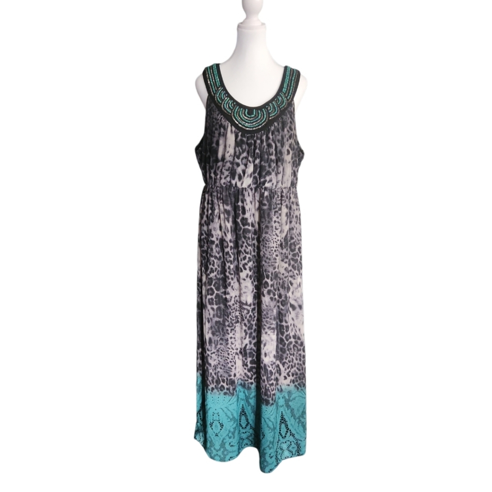 Sami + Jo Womens Sz: 2X Long Sleeveless Maxi Dress Animal Print with Beaded Neck